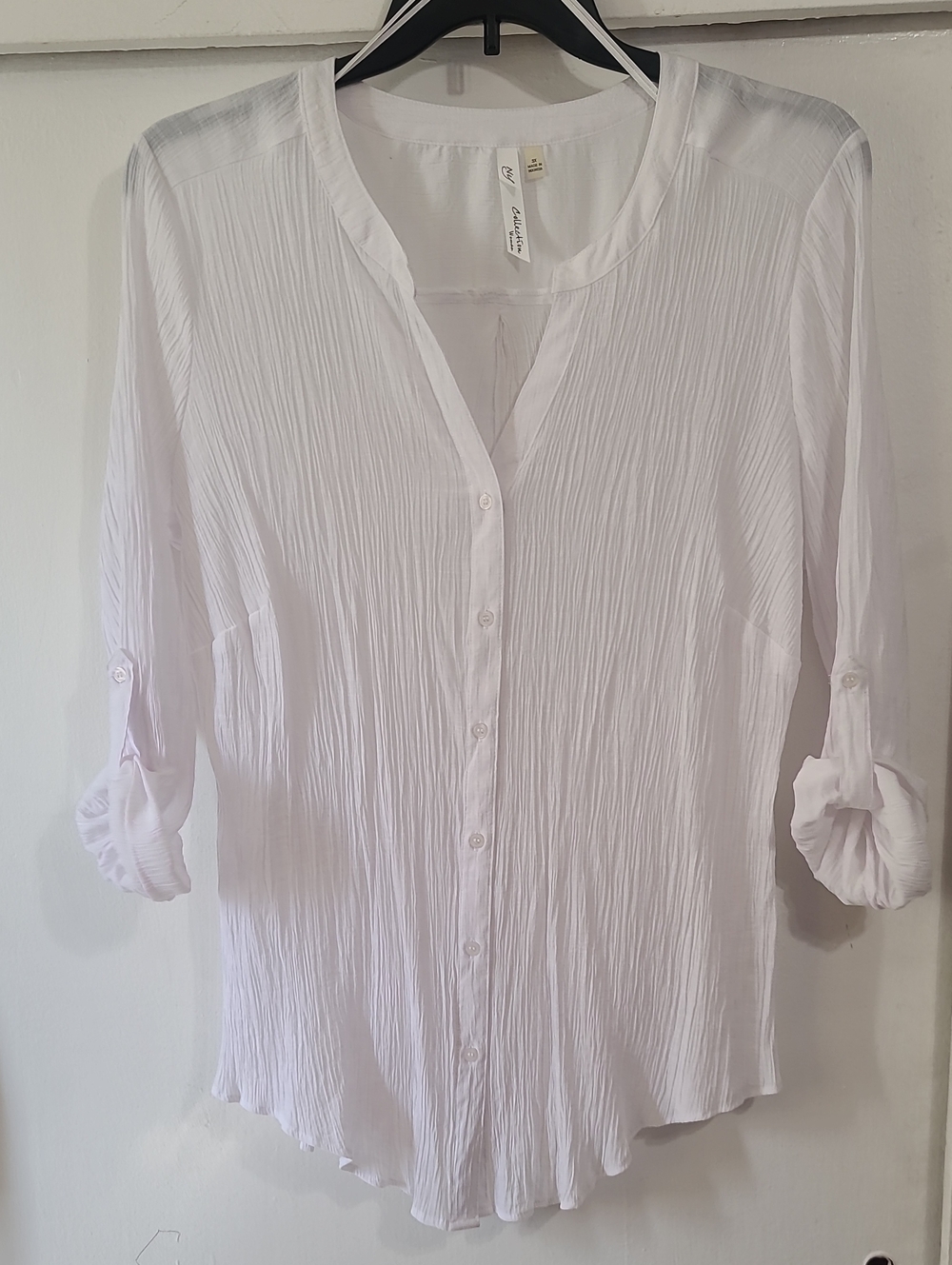 NY Collection by Macy's No Collar White Crinkle Button-Front Blouse